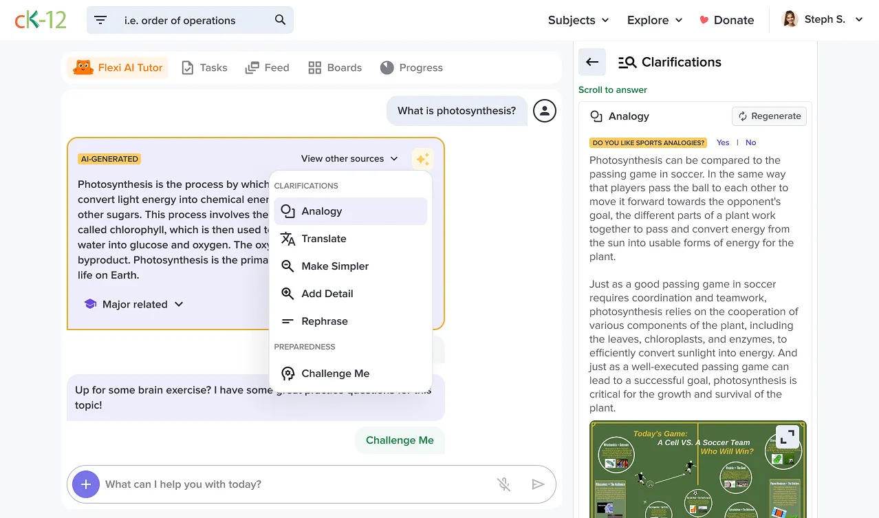Flexi offers an analogy, translation, simpler explanation, more detail, rephrasing, and a Challenge Me follow-up.