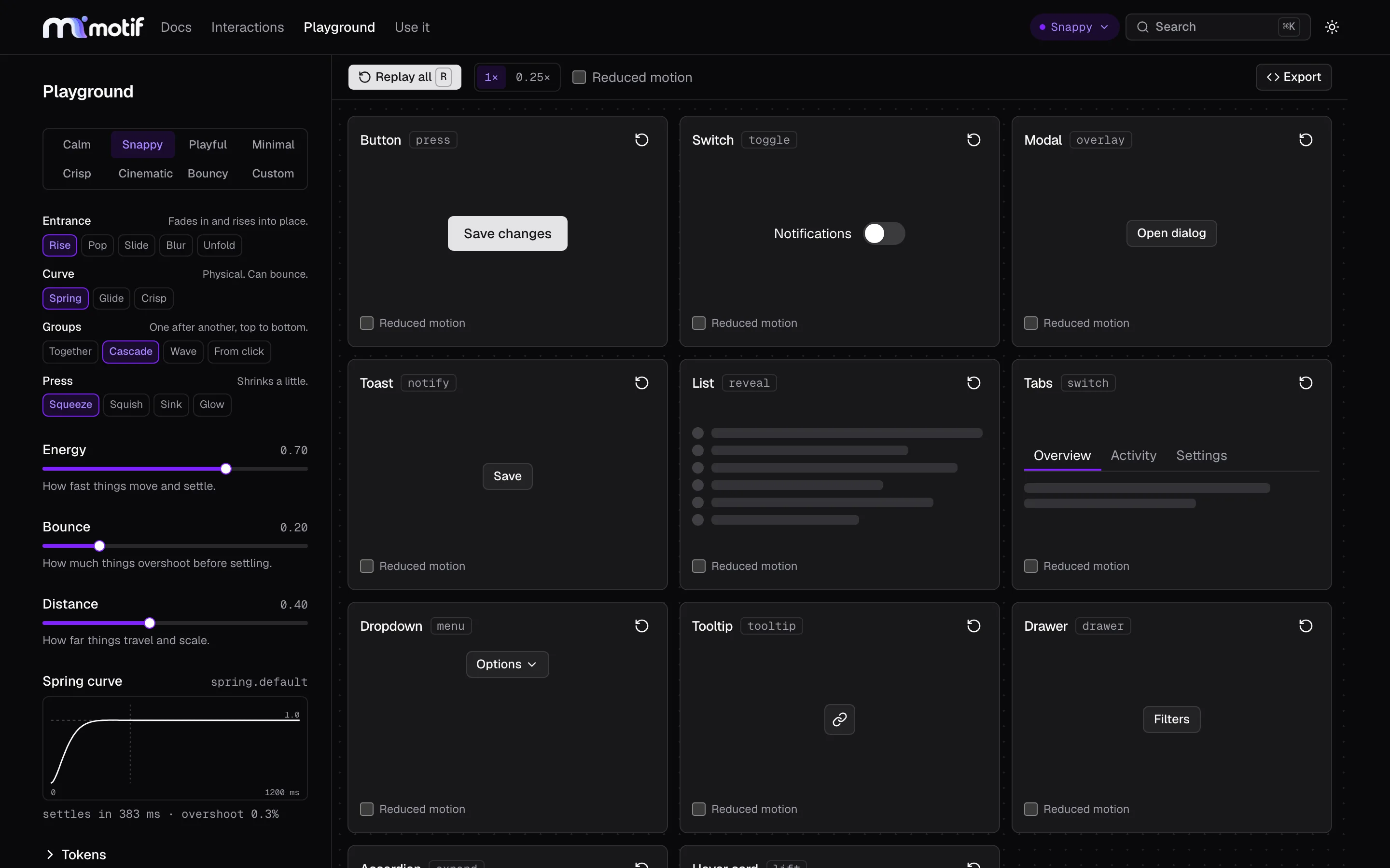 The Motif playground. The left column has seven presets, four style rows, the Energy, Bounce, and Distance sliders, and a spring curve that settles in 383 ms with 0.3% overshoot. The stage shows demo cards for button, switch, modal, toast, list, tabs, dropdown, tooltip, and drawer, each with a replay button and a reduced-motion checkbox.