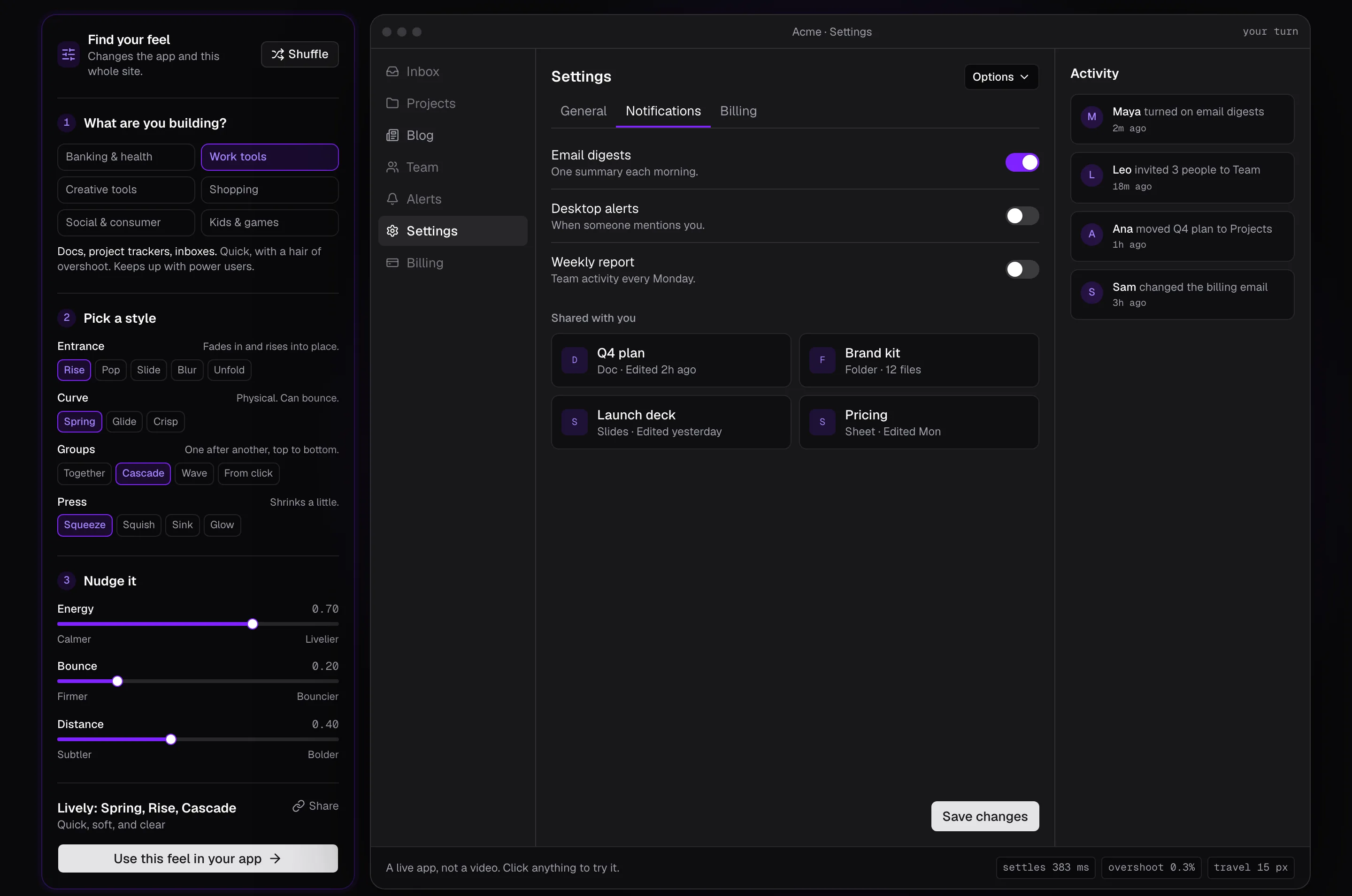 The Motif studio. On the left, Find your feel: Work tools is picked as the kind of product, a style row picks Rise, Spring, Cascade, and Squeeze, and three sliders read energy 0.70, bounce 0.20, distance 0.40. On the right, a live app window shows a Settings page with notification switches, tabs, and shared files, with settles 383 ms, overshoot 0.3%, and travel 15 px in its footer.