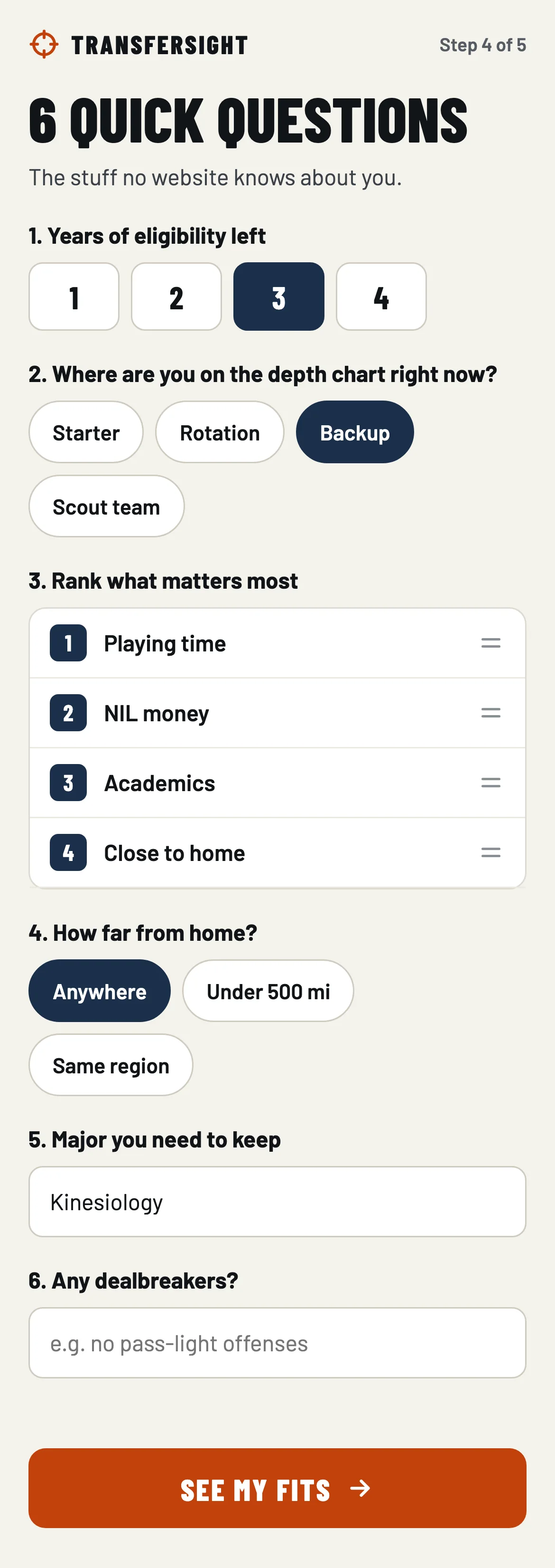 Step 4 of 5: 6 quick questions. Years of eligibility left, set to 3. Where you are on the depth chart, set to Backup. Rank what matters most: playing time, NIL money, academics, close to home. How far from home, set to Anywhere. Major you need to keep. Any dealbreakers.